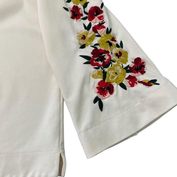 Ann Taylor Womens Cream Floral Embroidered Ponte Knit Bell Sleeve Top Petite S - Picture 2 of 6